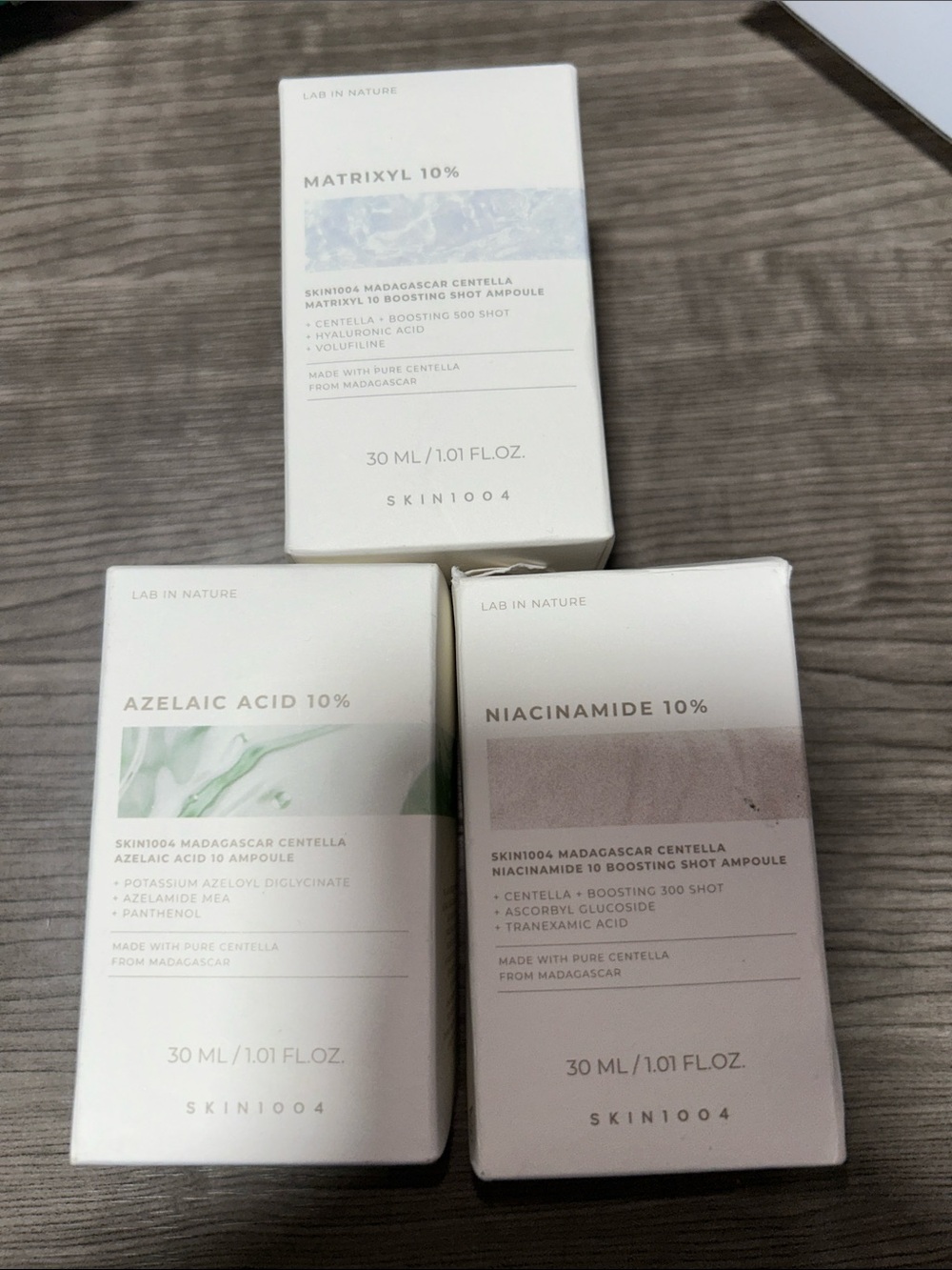 SKIN1004 Centella Ampoule Trio: Azelaic Acid 10%, Niacinamide 10%, Matrixyl 10%